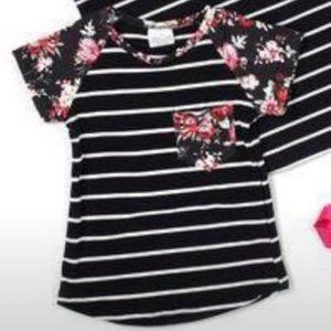 short sleeve Floral stripe pocket girls tee